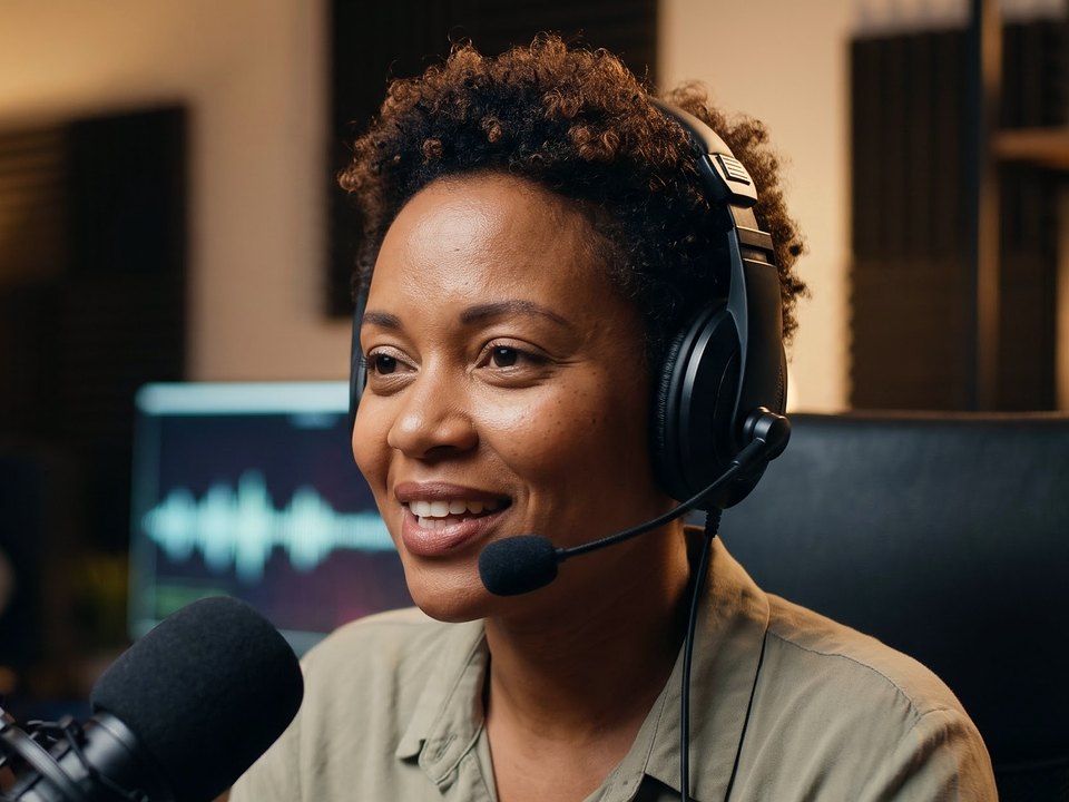 A smiling podcast host wearing a headset at a microphone in a warmly lit recording studio