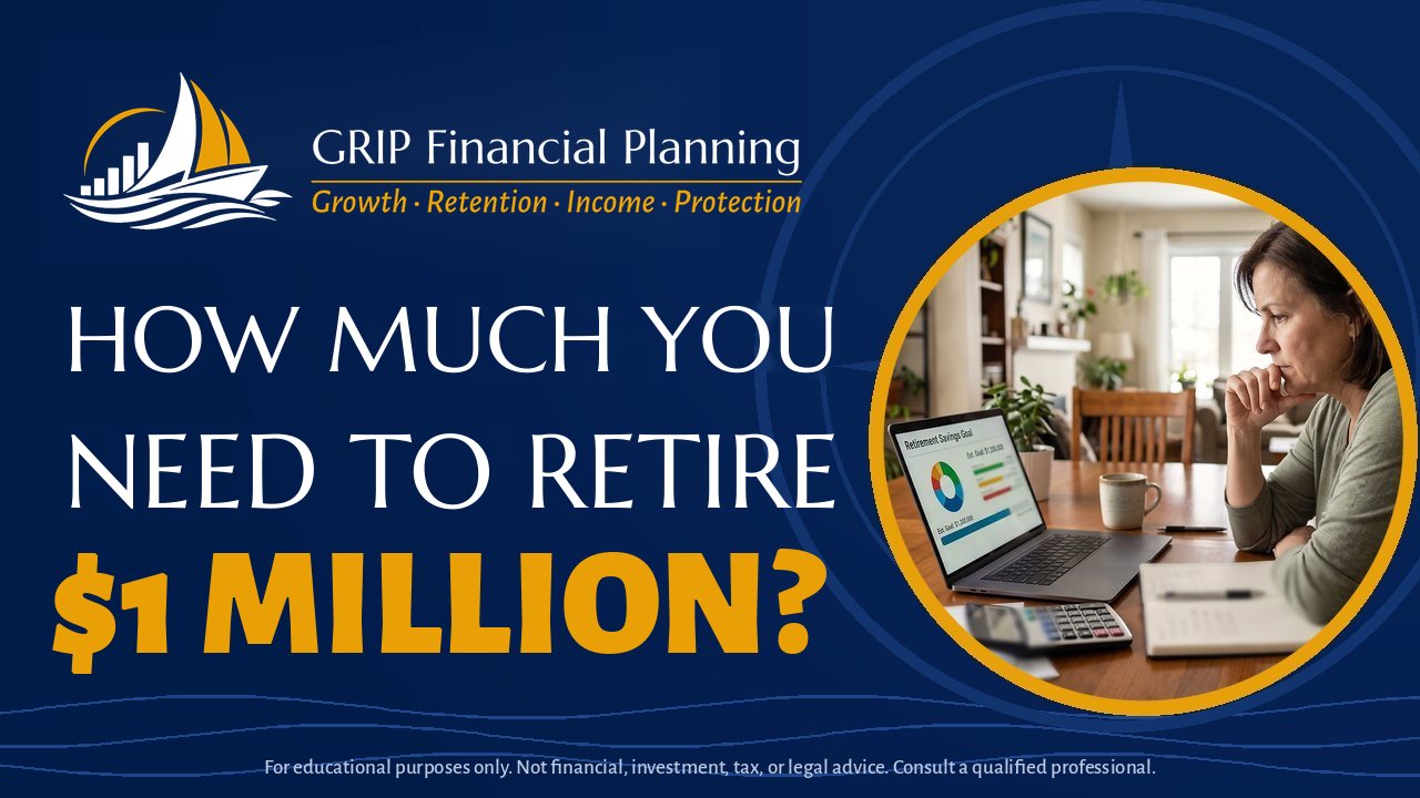 GRIP Financial Planning, How Much You Need to Retire: thumbnail of a woman reviewing her retirement savings goal on a laptop