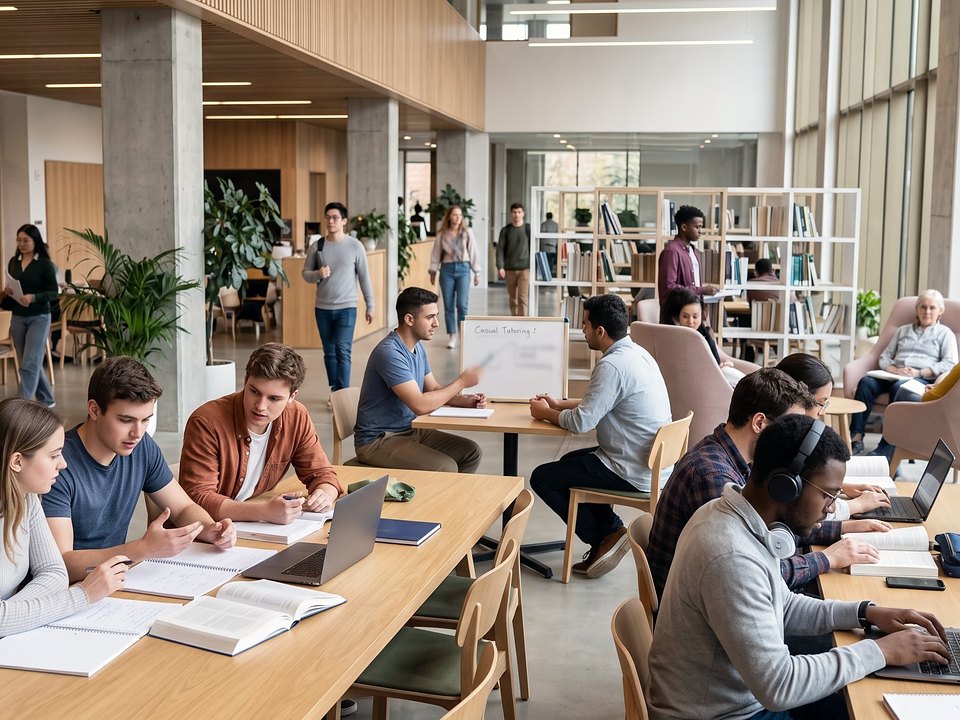 People studying, talking and working on laptops in a bright, busy modern study hall