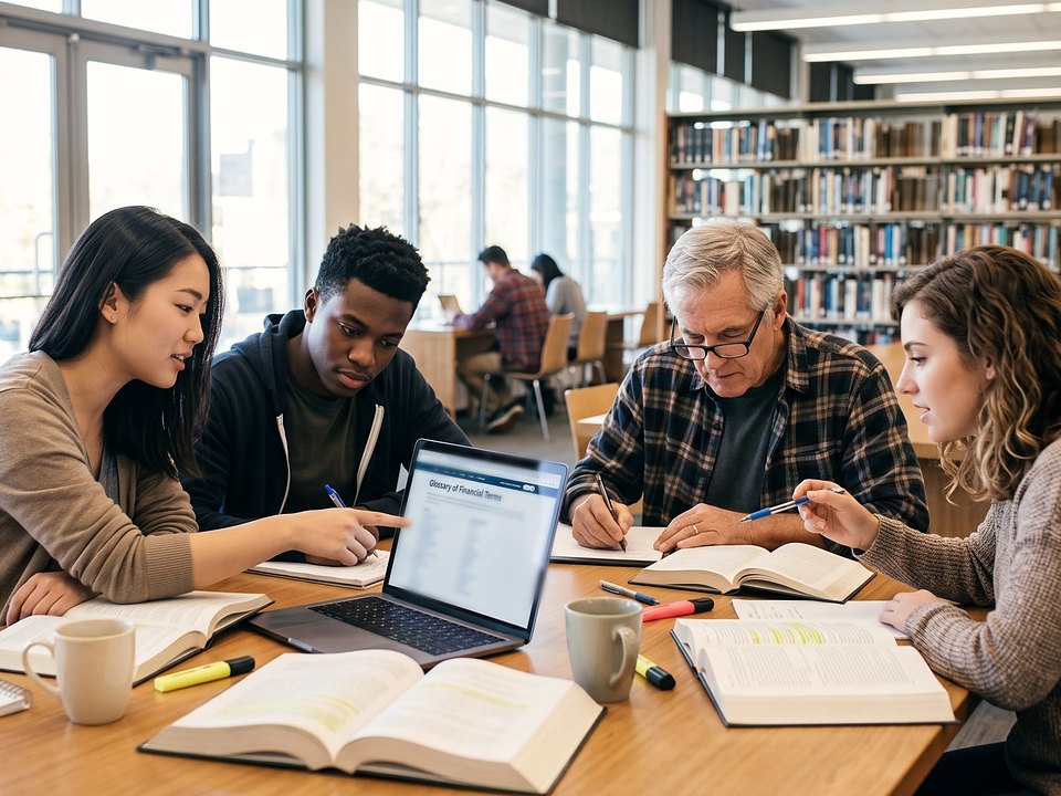Four learners of different ages studying together in a bright library, with open books and a laptop showing a glossary of financial terms