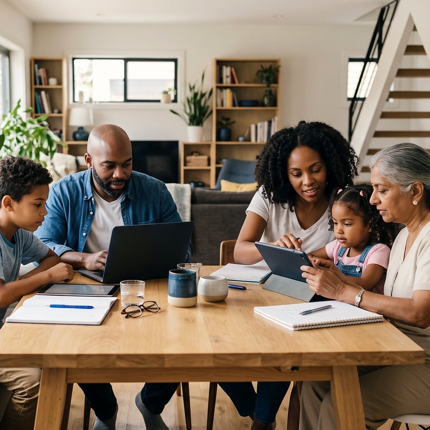 A multigenerational family learning together at a wooden dining table at home, with a laptop, tablet and notebooks
