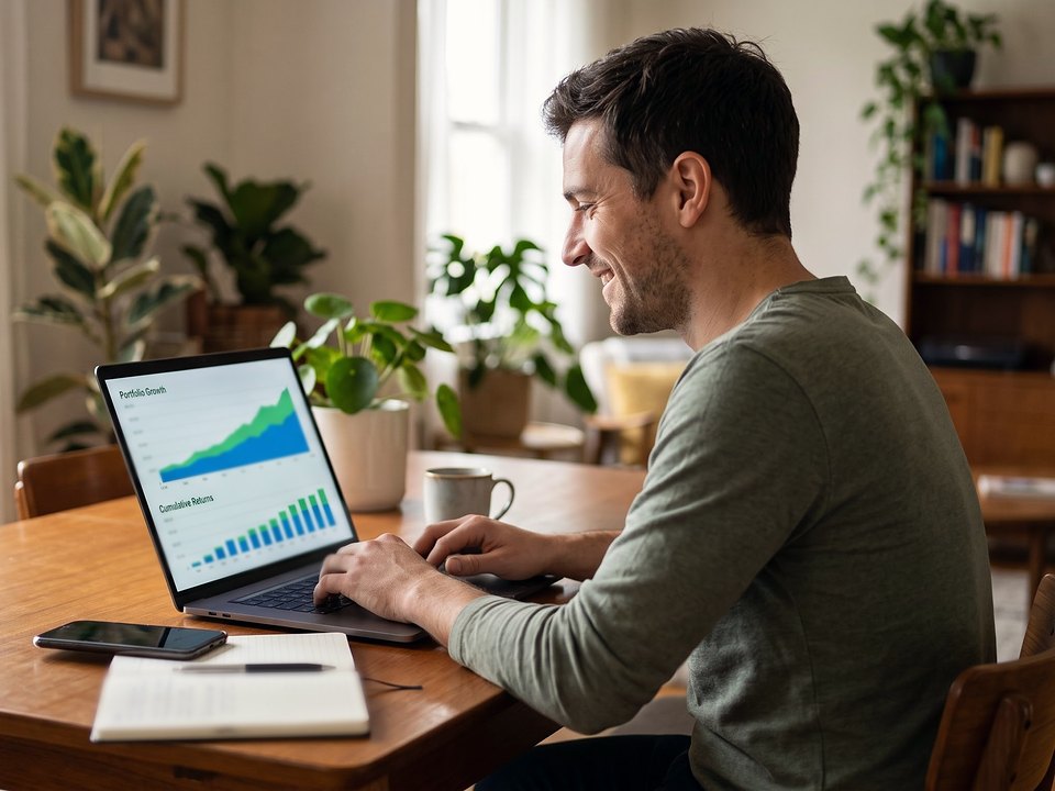 A smiling man at his dining table looking at portfolio growth and cumulative returns charts on his laptop