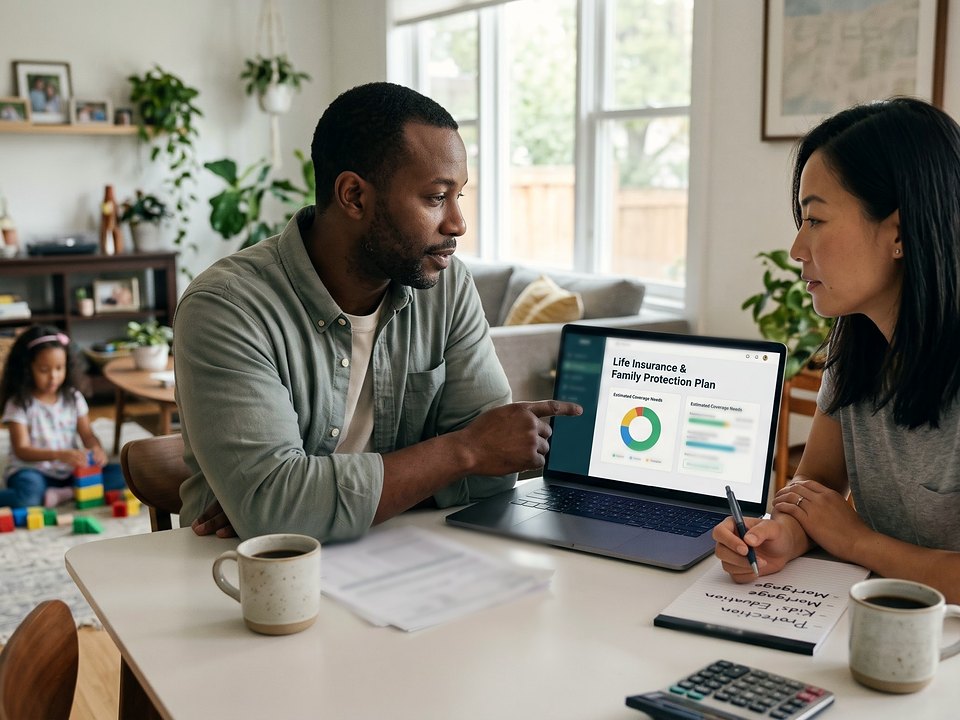 A couple reviewing a family protection plan on a laptop at home while their young daughter plays with blocks nearby