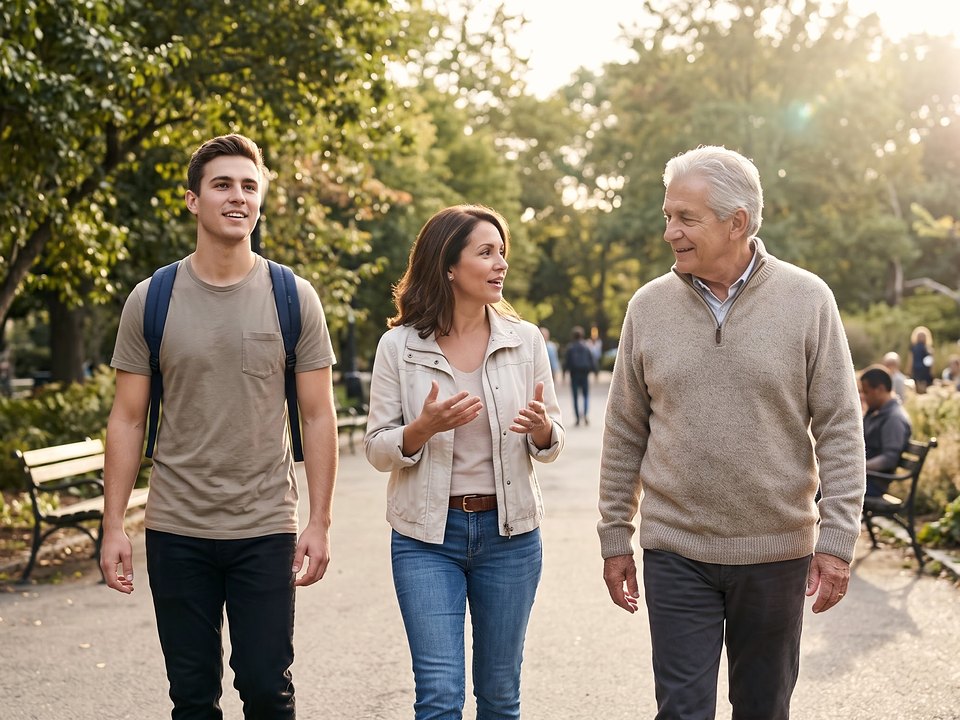 Three generations, a young man, a middle-aged woman and an older man, walking and talking together on a sunny park path
