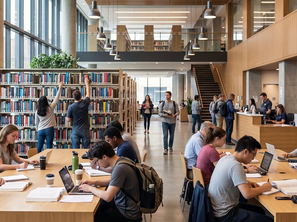 Students reading, browsing shelves and working on laptops in a large, bright modern library