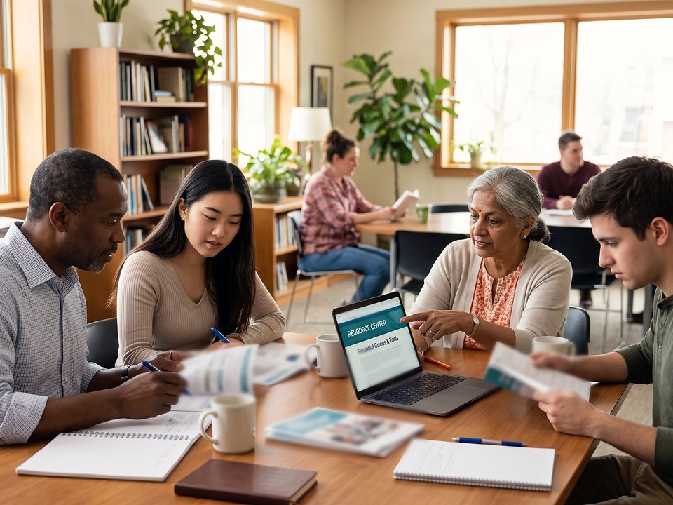 A small group of different ages sharing financial guides and a laptop open to a resource center at a library table