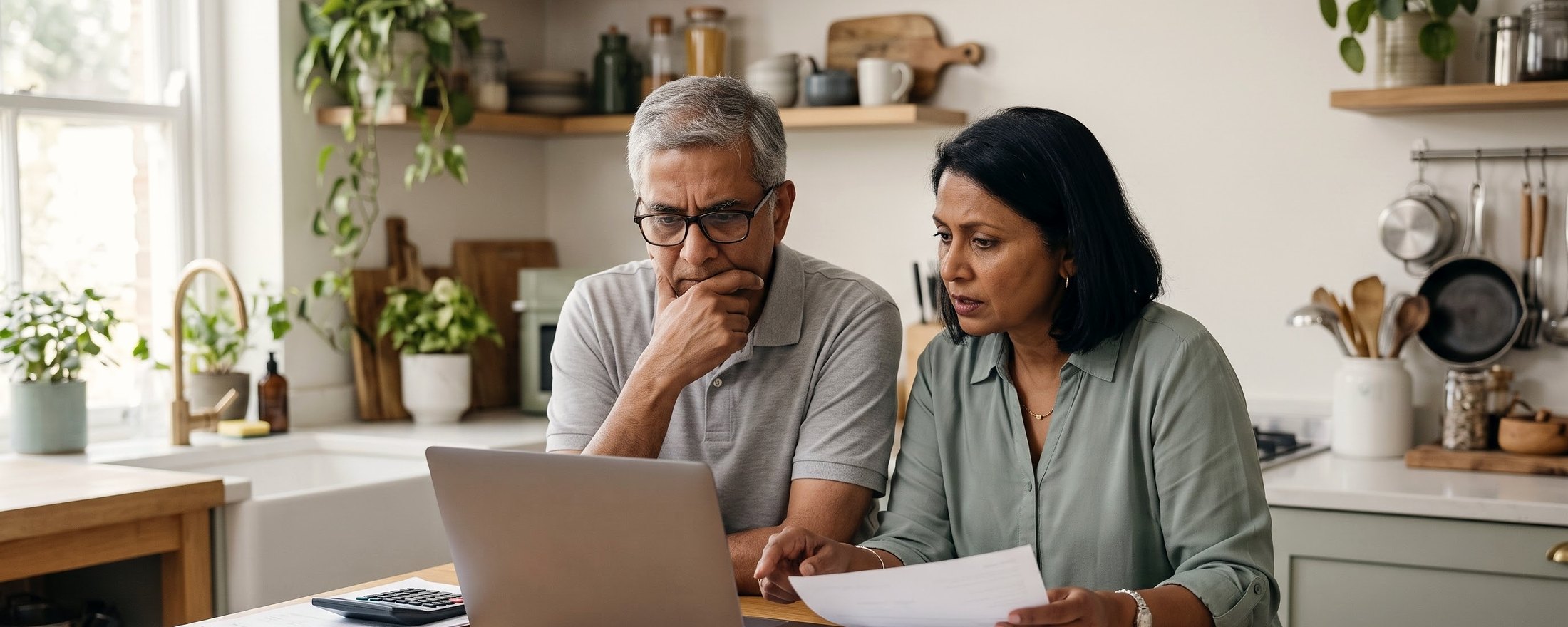 An older couple looking over bills and a laptop together at the kitchen counter, weighing an investment decision
