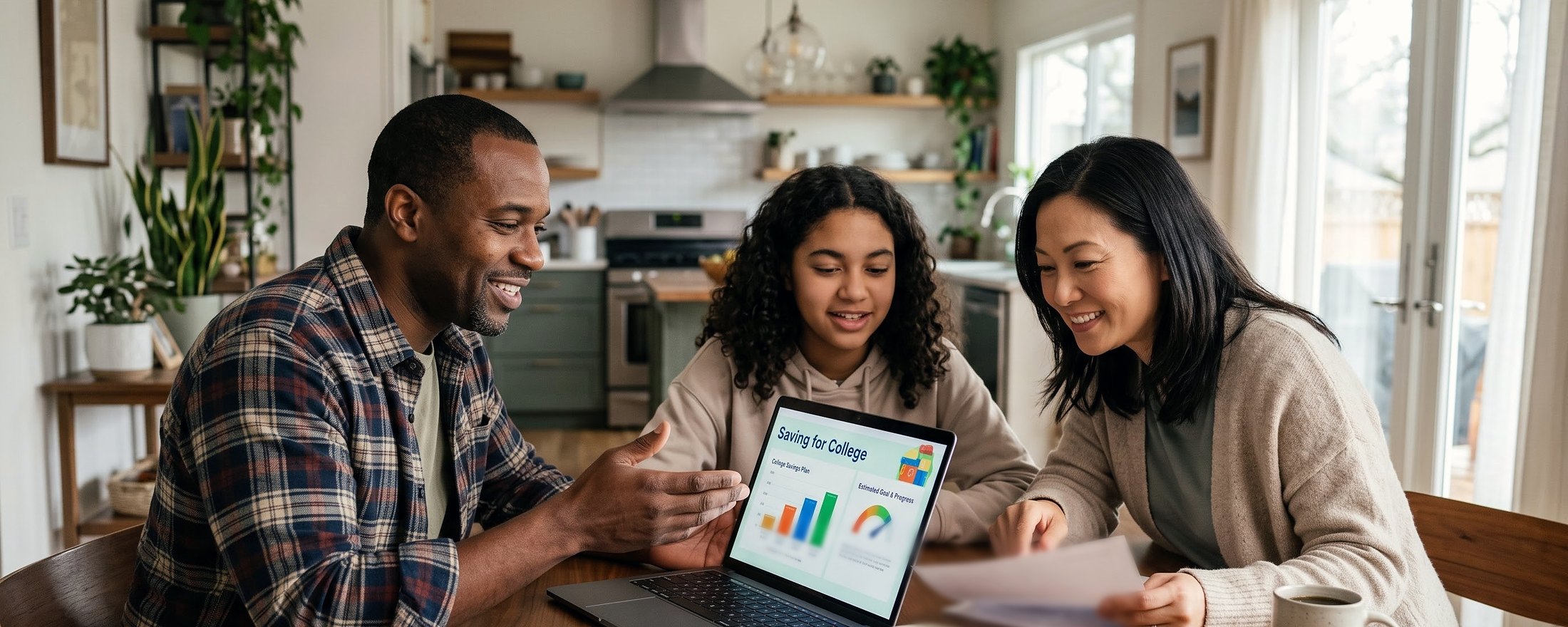 Parents and their teenage daughter smiling over a college savings plan on a laptop at the kitchen table