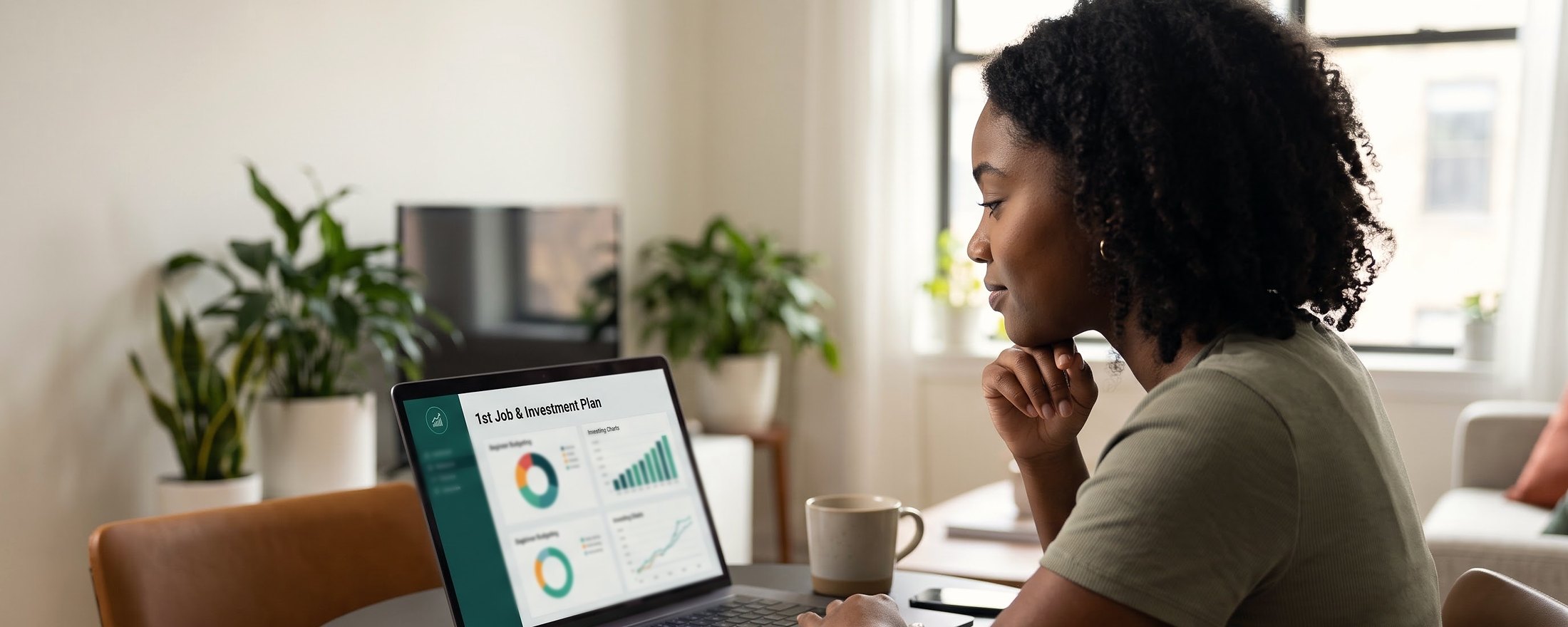 A young woman reviewing a first-job budgeting and investment plan on her laptop at home