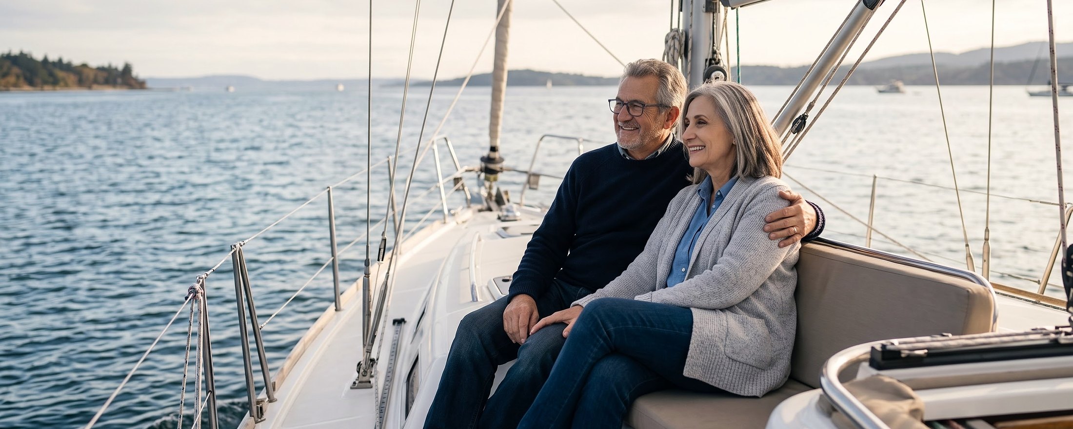 A smiling older couple sitting together on a sailboat on calm water