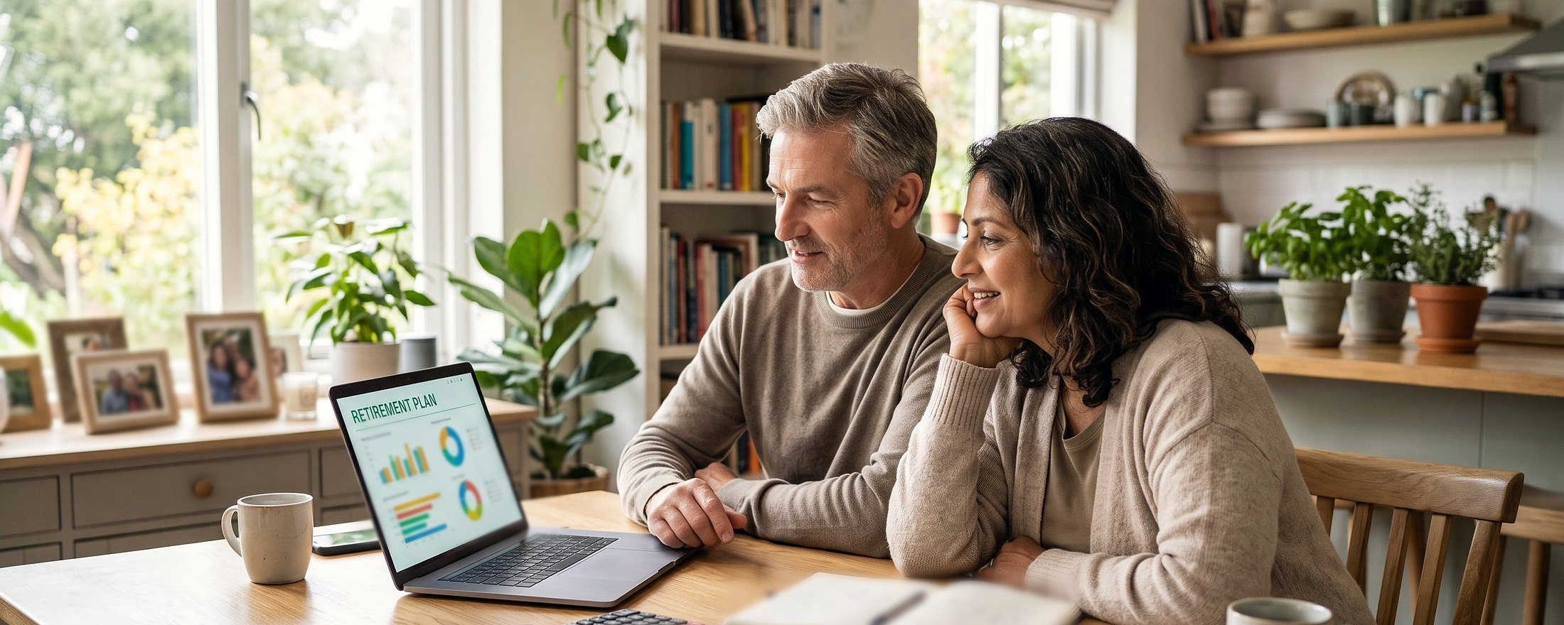 A relaxed couple smiling together at their kitchen table over a laptop showing their retirement plan