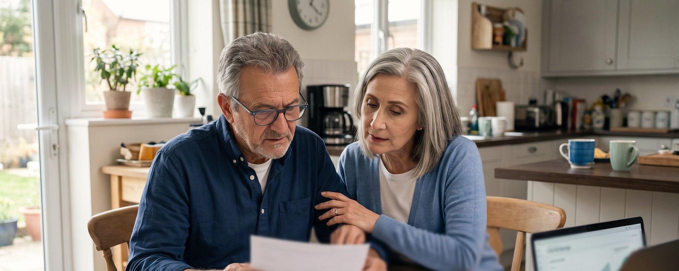 An older couple reviewing a paper together at their kitchen table