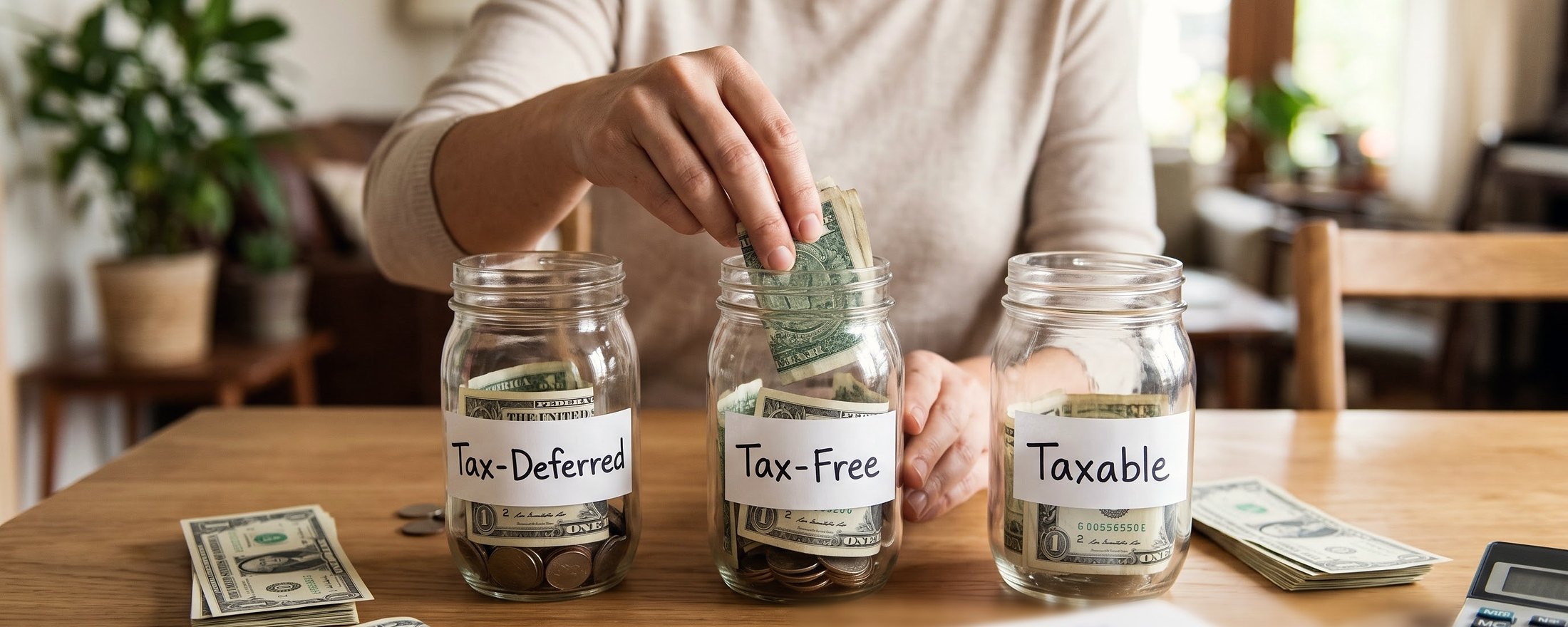 A hand dropping cash into three glass jars labeled Tax-Deferred, Tax-Free and Taxable on a wooden table